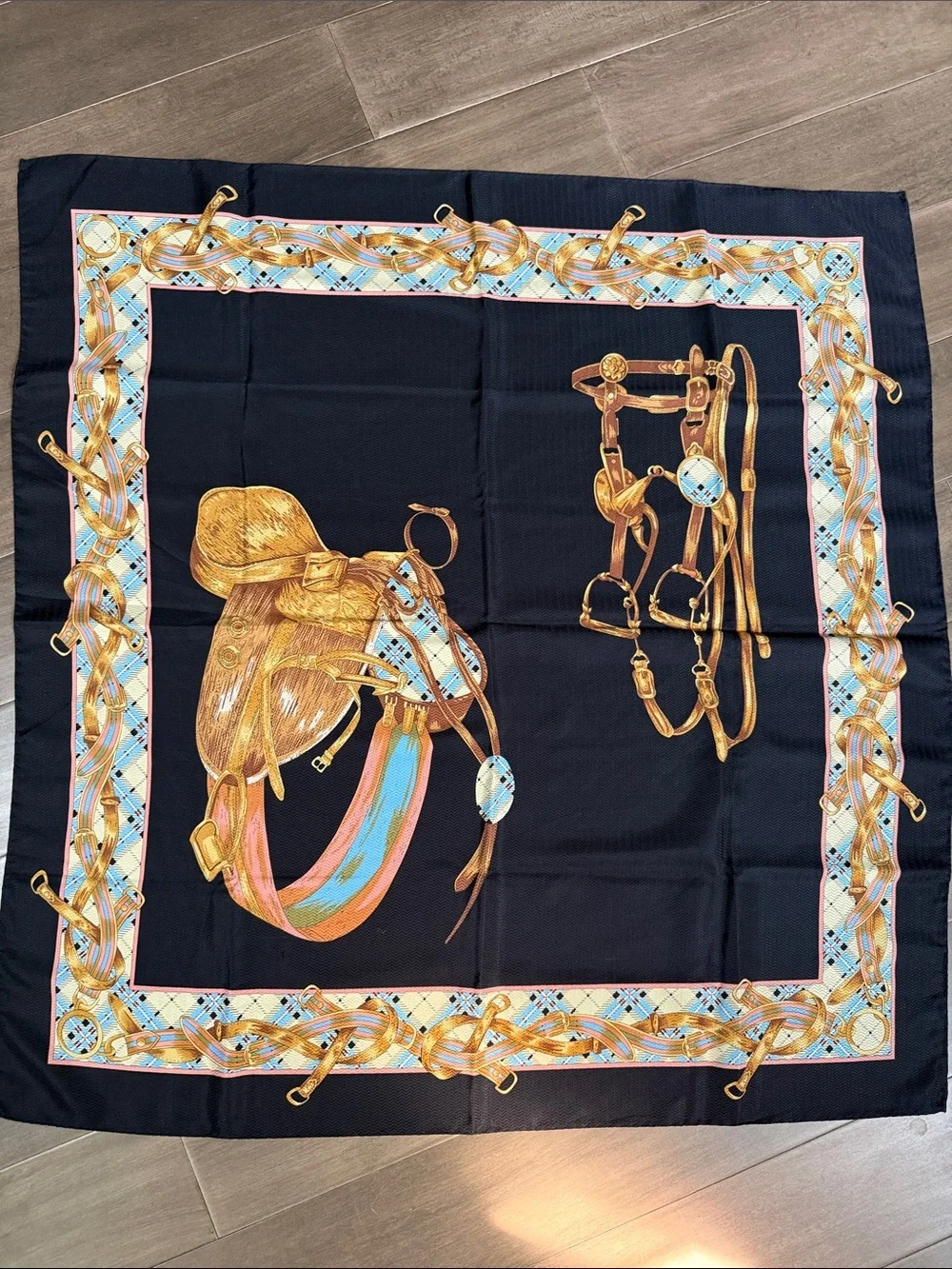 Vintage Italian 100% Silk Equestrian Print Scarf – Black & Gold